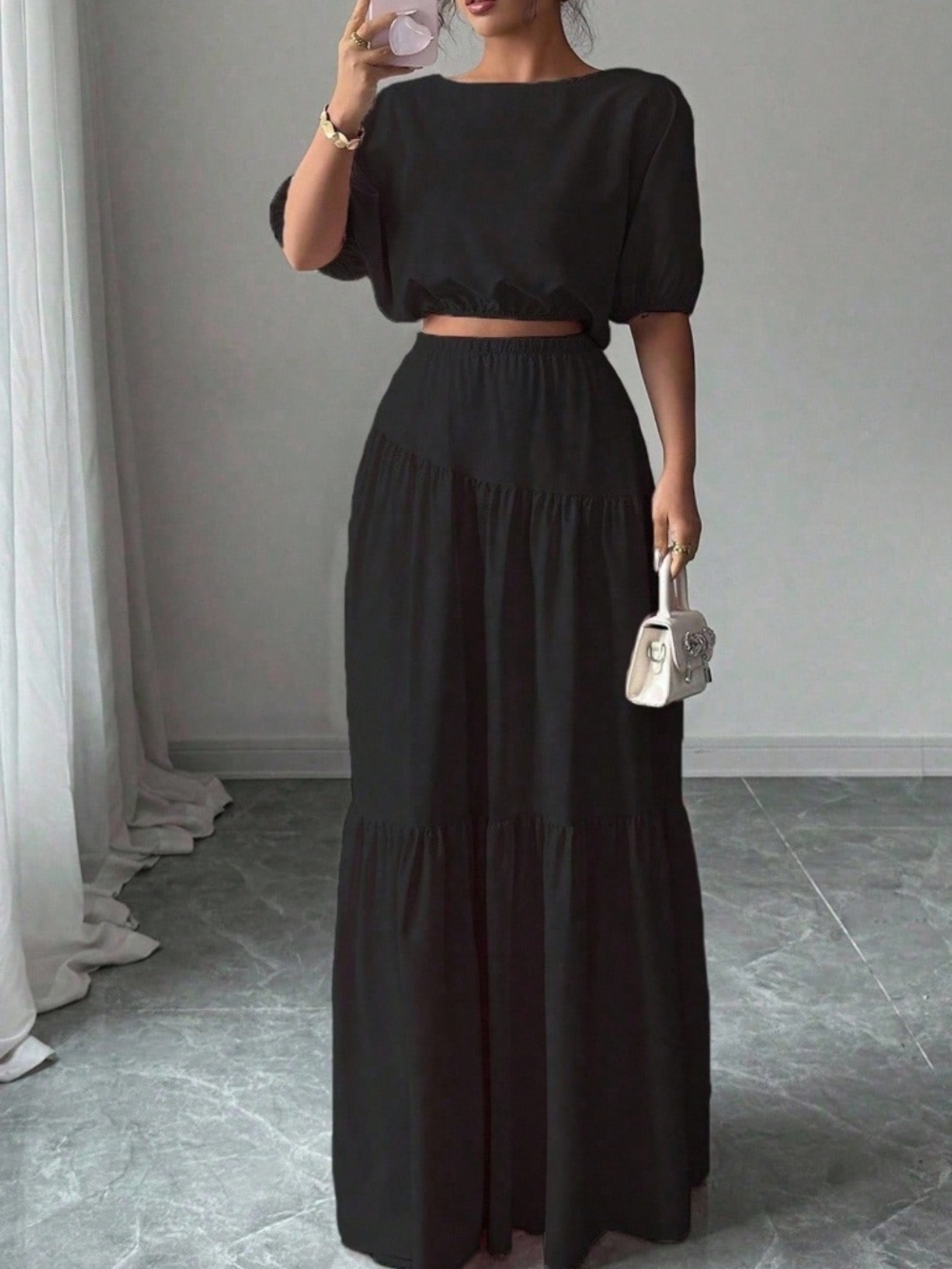 Solid Black Puff Sleeve Cropped top Maxi skirt Set - Picture 4 of 4